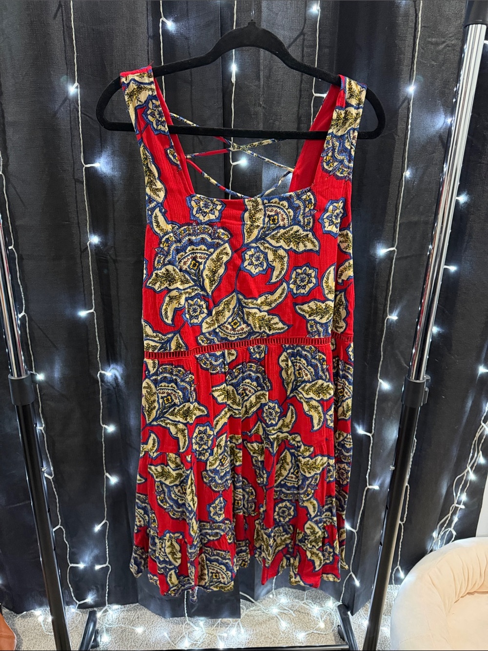 Maurices Red Floral Mini Dress with Blue and Cream Accents